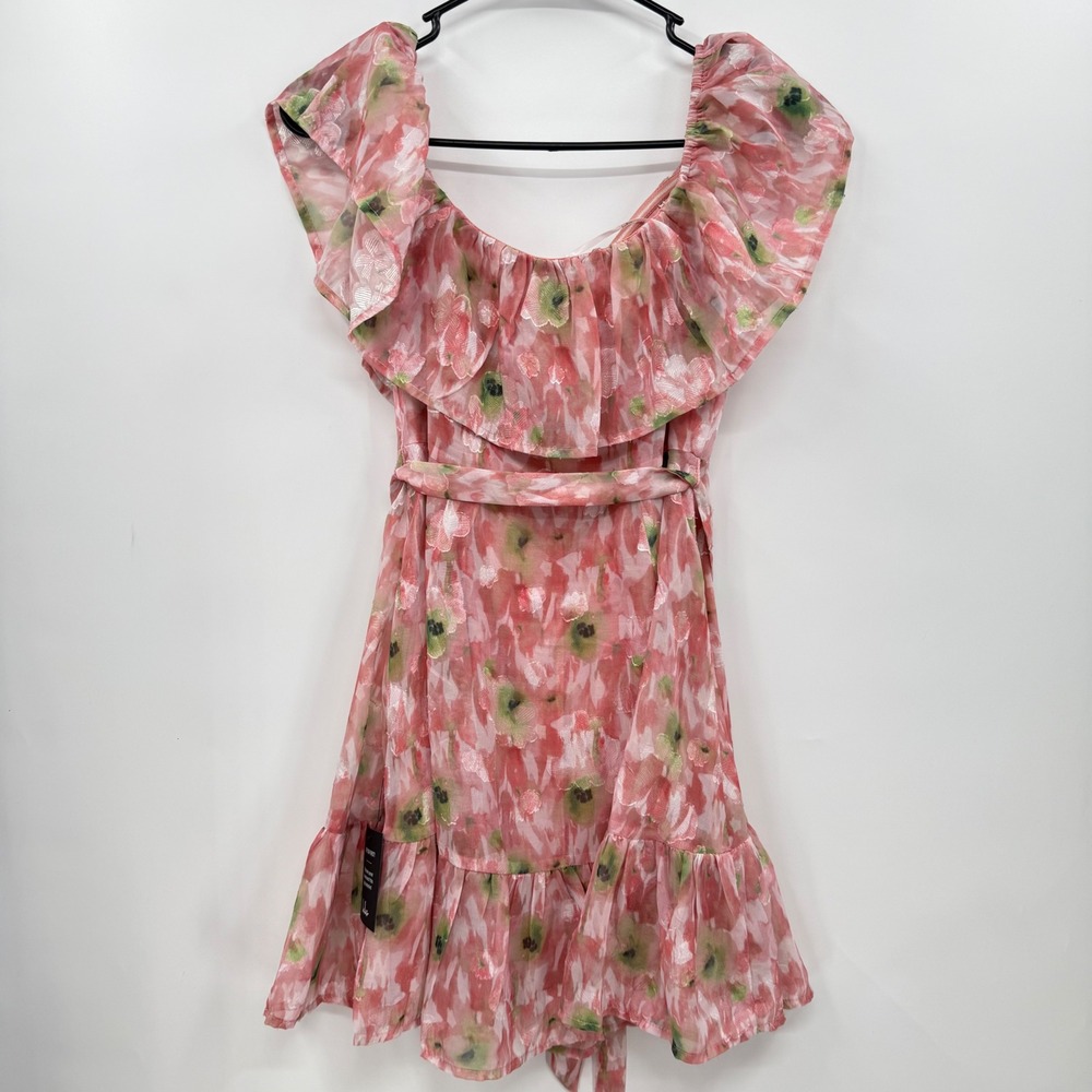 Lulus Floral Print Dress Ruffle Off Shoulder Belted Mini Dress Size S